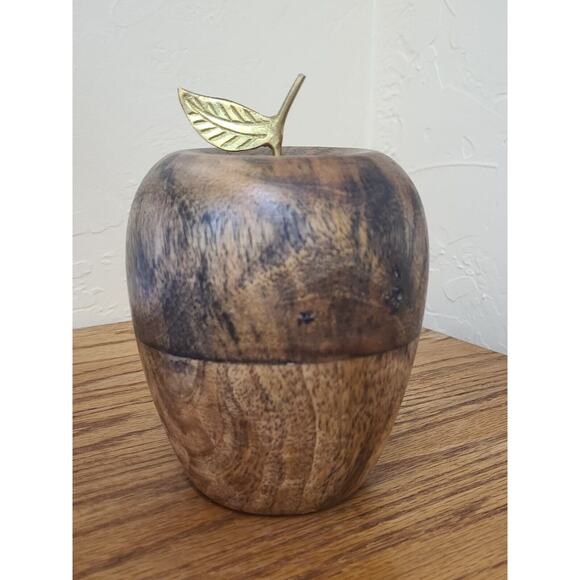 Vintage Large 6x3.5" Solid Wood Brass Leaf Apple Paperweight Sculpture Teacher - Picture 1 of 6